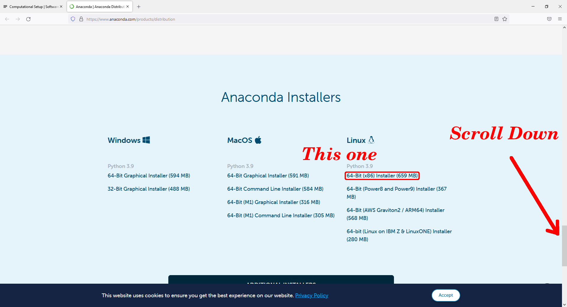Screenshot of Anaconda downloads page with correct link
circled