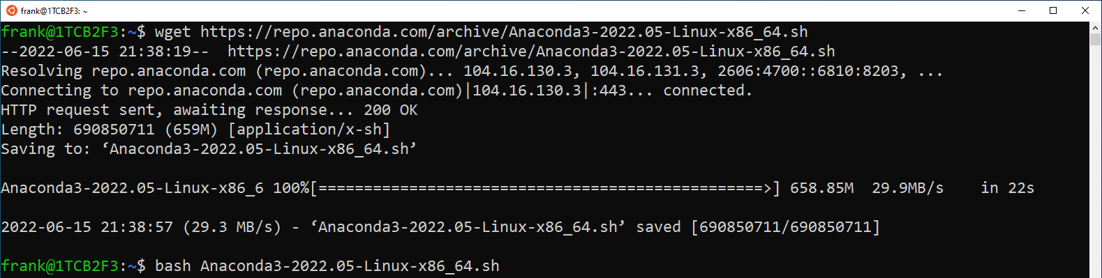 Screenshot of downloading and installing Anaconda in
WSL